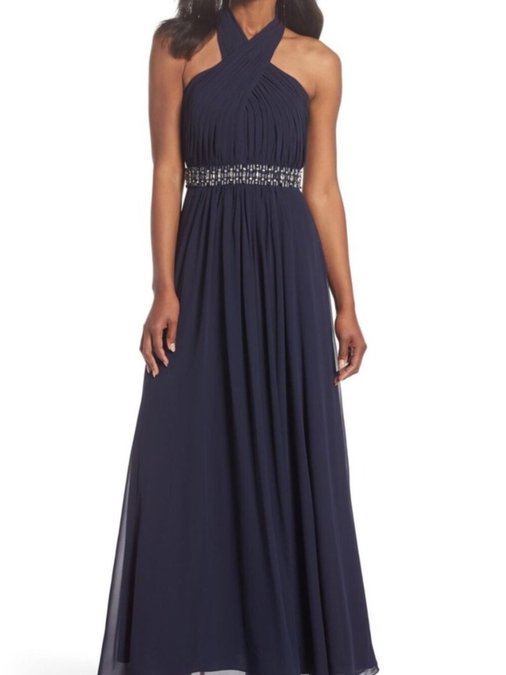 Eliza J Formal Dress Gown Maxi Navy Blue Halter Cross Neck A-Line Pleated Size 4
